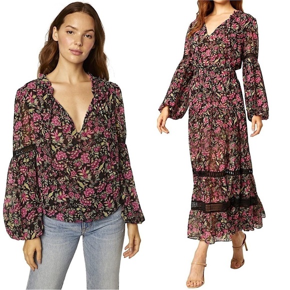 MISA LOS ANGELES Floral Chiffon Puff Long Sleeve Lace Trim Ruffle Tie Neck Top S - Picture 1 of 12